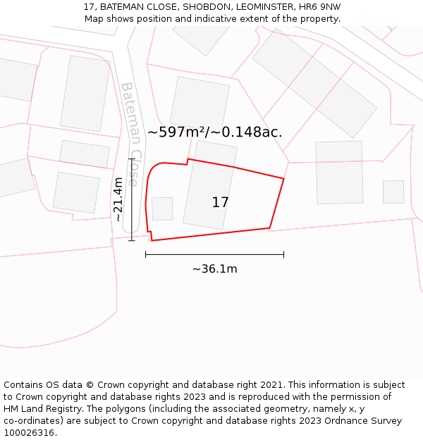 17, BATEMAN CLOSE, SHOBDON, LEOMINSTER, HR6 9NW: Plot and title map