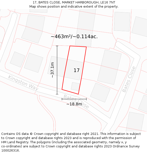 17, BATES CLOSE, MARKET HARBOROUGH, LE16 7NT: Plot and title map