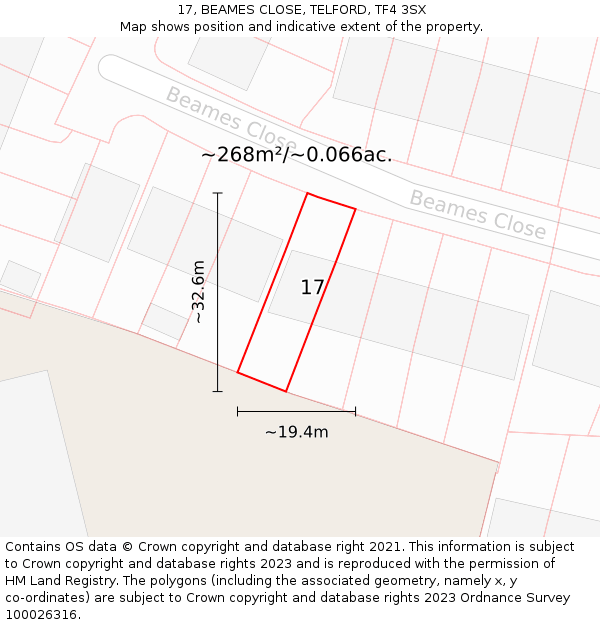 17, BEAMES CLOSE, TELFORD, TF4 3SX: Plot and title map