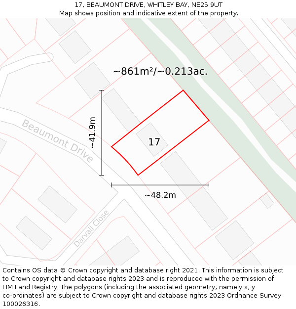 17, BEAUMONT DRIVE, WHITLEY BAY, NE25 9UT: Plot and title map