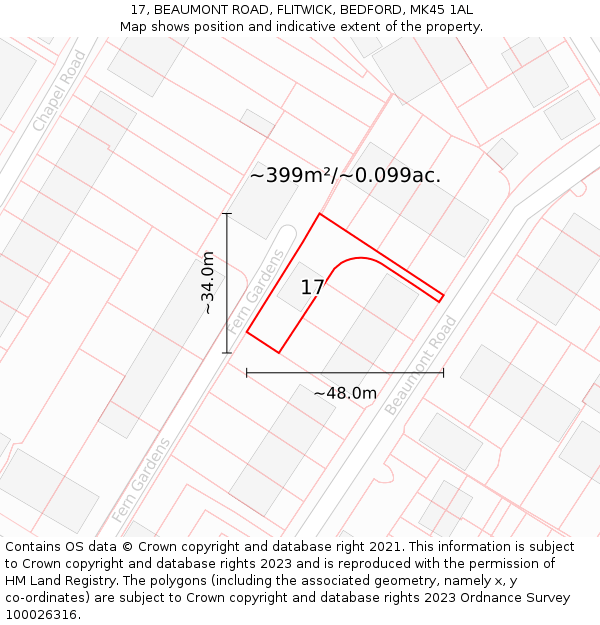 17, BEAUMONT ROAD, FLITWICK, BEDFORD, MK45 1AL: Plot and title map