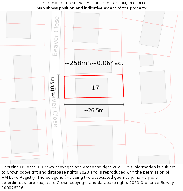 17, BEAVER CLOSE, WILPSHIRE, BLACKBURN, BB1 9LB: Plot and title map