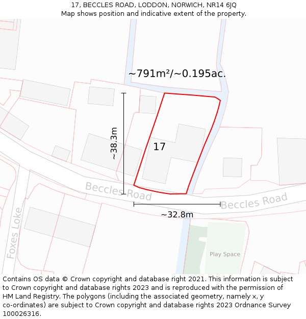 17, BECCLES ROAD, LODDON, NORWICH, NR14 6JQ: Plot and title map