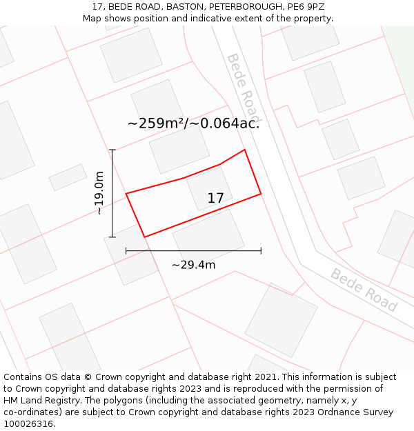 17, BEDE ROAD, BASTON, PETERBOROUGH, PE6 9PZ: Plot and title map