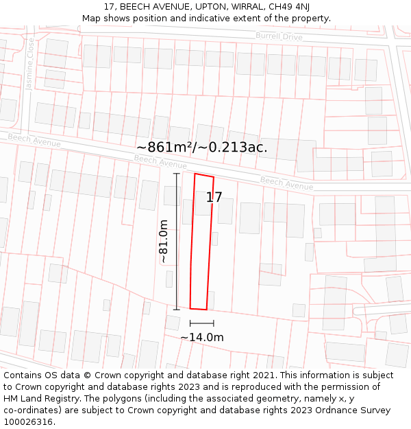 17, BEECH AVENUE, UPTON, WIRRAL, CH49 4NJ: Plot and title map
