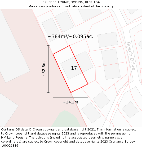 17, BEECH DRIVE, BODMIN, PL31 1QA: Plot and title map