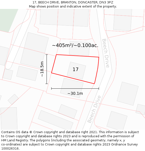 17, BEECH DRIVE, BRANTON, DONCASTER, DN3 3PZ: Plot and title map