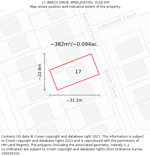 17, BEECH DRIVE, BRIDLINGTON, YO16 6TP: Plot and title map