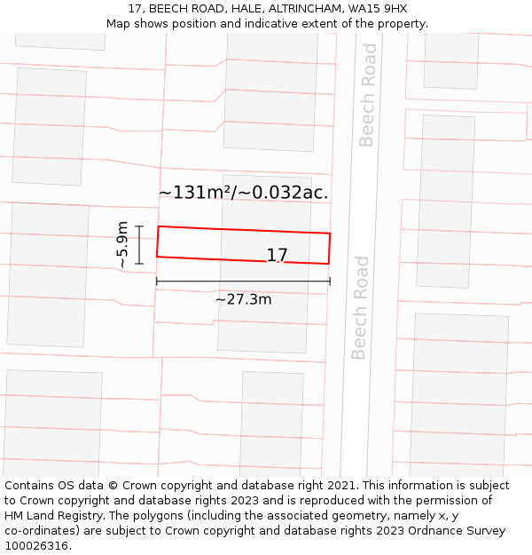 17, BEECH ROAD, HALE, ALTRINCHAM, WA15 9HX: Plot and title map