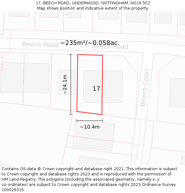 17, BEECH ROAD, UNDERWOOD, NOTTINGHAM, NG16 5FZ: Plot and title map