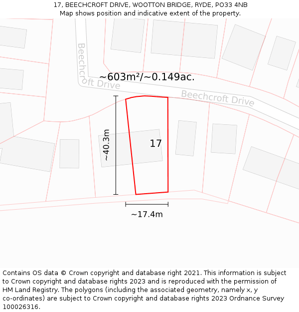 17, BEECHCROFT DRIVE, WOOTTON BRIDGE, RYDE, PO33 4NB: Plot and title map