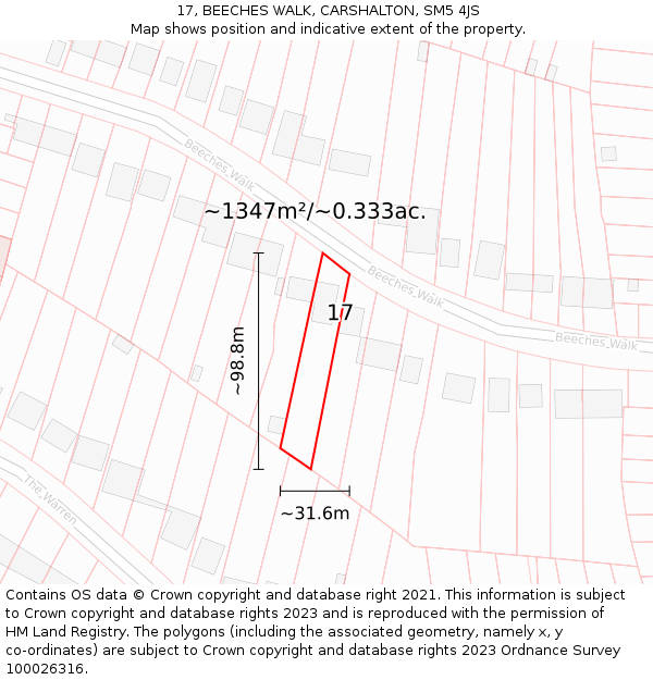 17, BEECHES WALK, CARSHALTON, SM5 4JS: Plot and title map