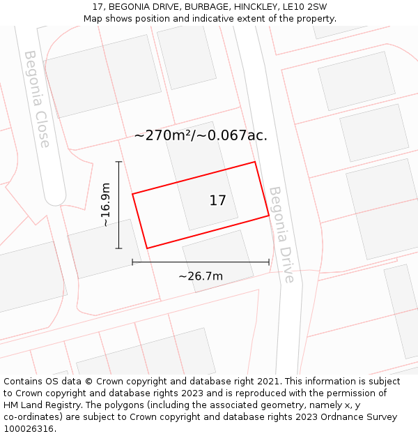 17, BEGONIA DRIVE, BURBAGE, HINCKLEY, LE10 2SW: Plot and title map