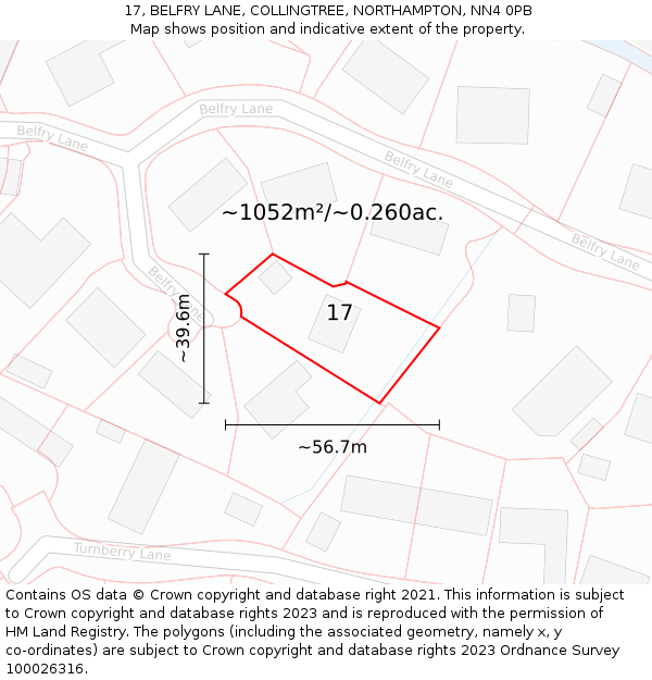 17, BELFRY LANE, COLLINGTREE, NORTHAMPTON, NN4 0PB: Plot and title map