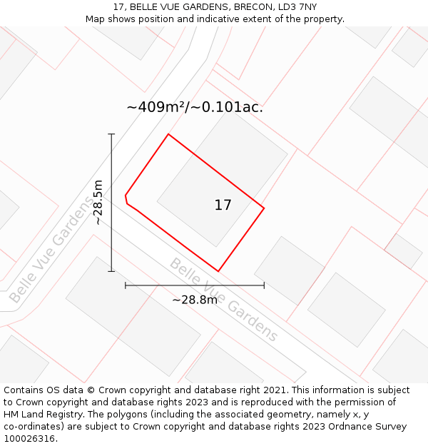 17, BELLE VUE GARDENS, BRECON, LD3 7NY: Plot and title map