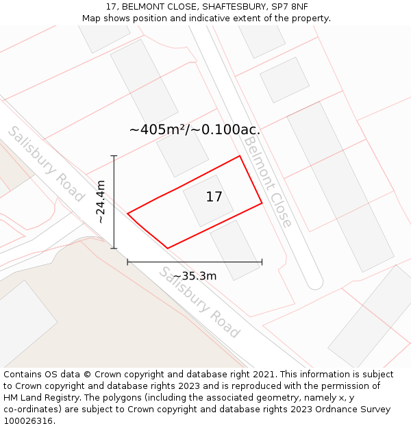 17, BELMONT CLOSE, SHAFTESBURY, SP7 8NF: Plot and title map