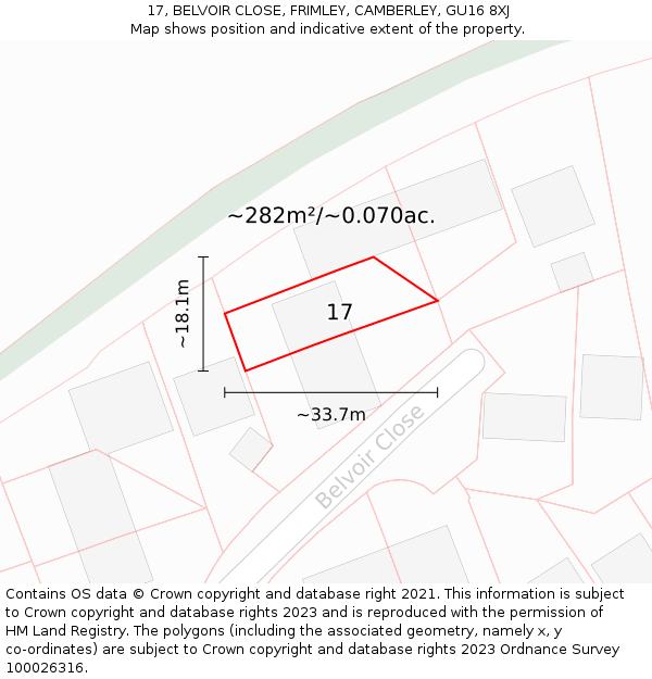 17, BELVOIR CLOSE, FRIMLEY, CAMBERLEY, GU16 8XJ: Plot and title map