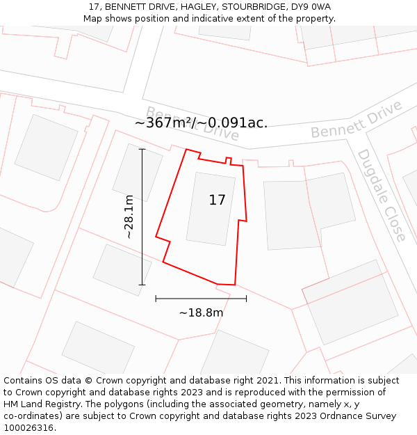 17, BENNETT DRIVE, HAGLEY, STOURBRIDGE, DY9 0WA: Plot and title map