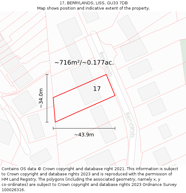 17, BERRYLANDS, LISS, GU33 7DB: Plot and title map
