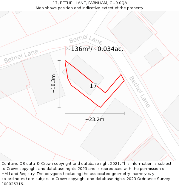 17, BETHEL LANE, FARNHAM, GU9 0QA: Plot and title map