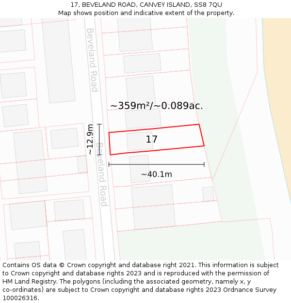 17, BEVELAND ROAD, CANVEY ISLAND, SS8 7QU: Plot and title map