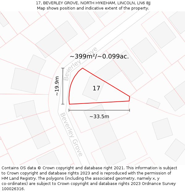 17, BEVERLEY GROVE, NORTH HYKEHAM, LINCOLN, LN6 8JJ: Plot and title map