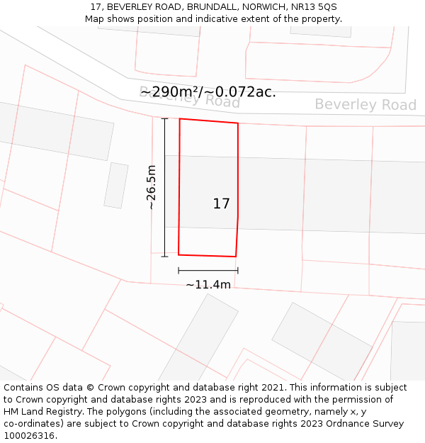 17, BEVERLEY ROAD, BRUNDALL, NORWICH, NR13 5QS: Plot and title map