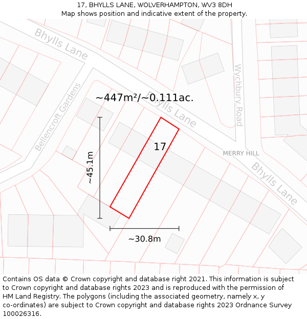 17, BHYLLS LANE, WOLVERHAMPTON, WV3 8DH: Plot and title map