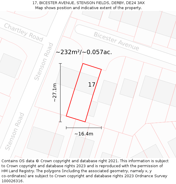 17, BICESTER AVENUE, STENSON FIELDS, DERBY, DE24 3AX: Plot and title map