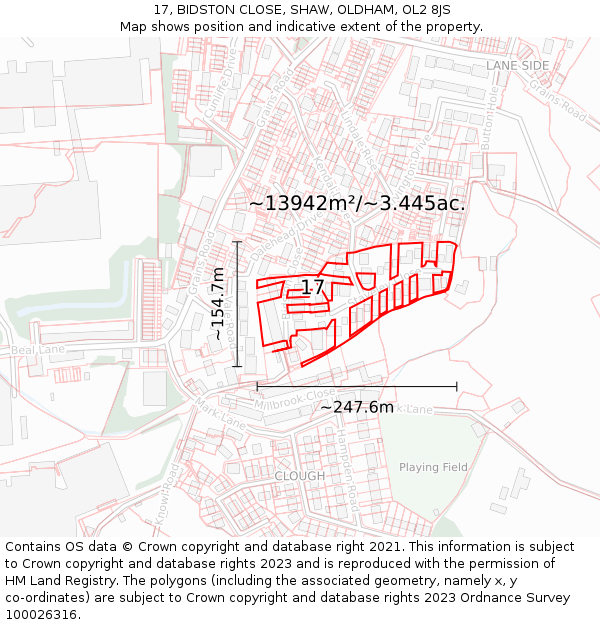 17, BIDSTON CLOSE, SHAW, OLDHAM, OL2 8JS: Plot and title map
