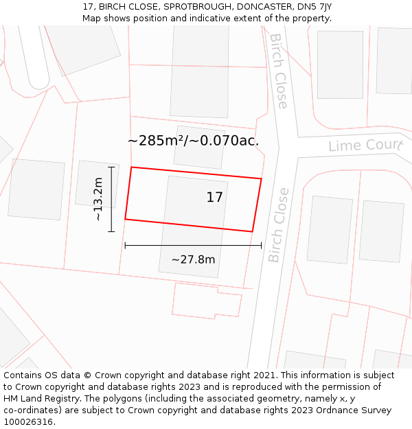 17, BIRCH CLOSE, SPROTBROUGH, DONCASTER, DN5 7JY: Plot and title map
