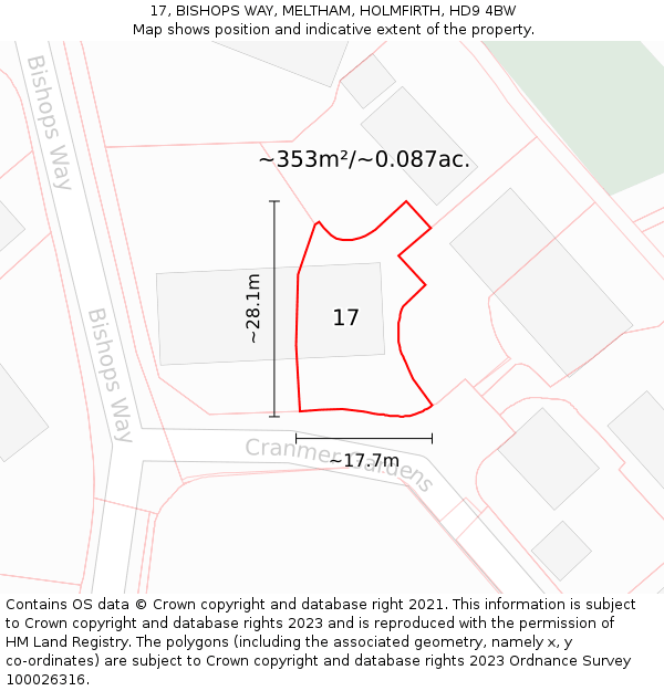 17, BISHOPS WAY, MELTHAM, HOLMFIRTH, HD9 4BW: Plot and title map