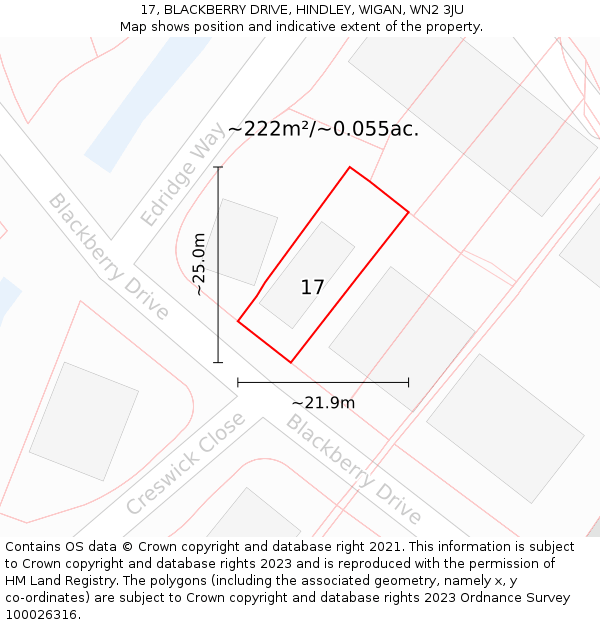 17, BLACKBERRY DRIVE, HINDLEY, WIGAN, WN2 3JU: Plot and title map