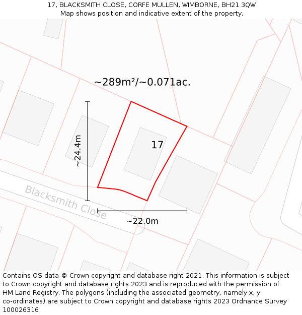17, BLACKSMITH CLOSE, CORFE MULLEN, WIMBORNE, BH21 3QW: Plot and title map