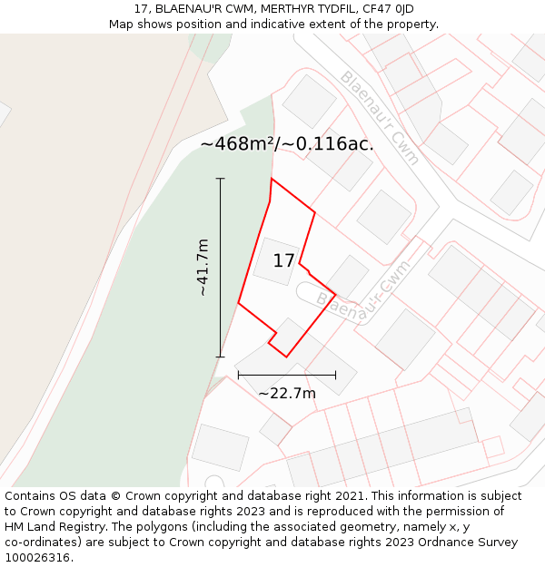 17, BLAENAU'R CWM, MERTHYR TYDFIL, CF47 0JD: Plot and title map