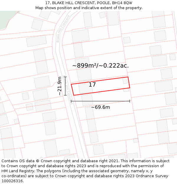 17, BLAKE HILL CRESCENT, POOLE, BH14 8QW: Plot and title map