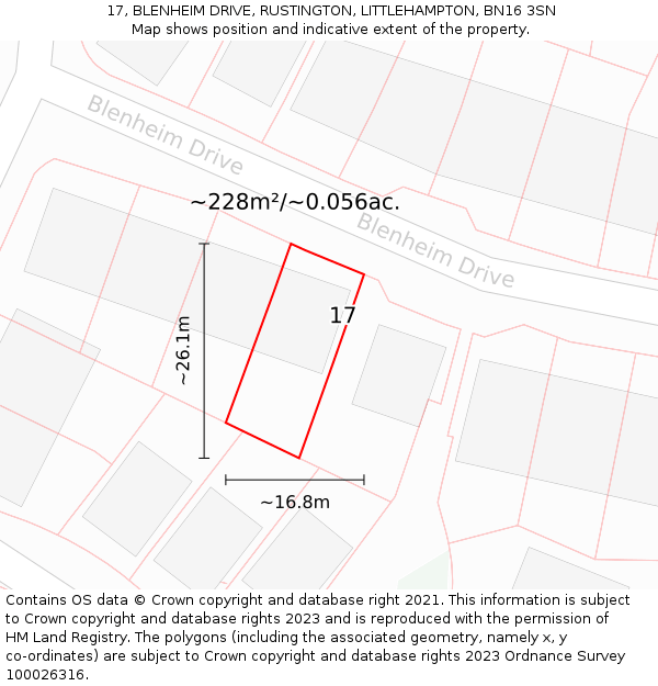 17, BLENHEIM DRIVE, RUSTINGTON, LITTLEHAMPTON, BN16 3SN: Plot and title map