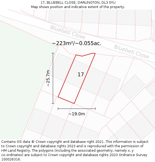 17, BLUEBELL CLOSE, DARLINGTON, DL3 0YU: Plot and title map