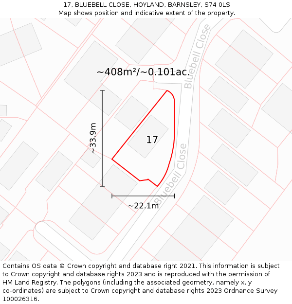 17, BLUEBELL CLOSE, HOYLAND, BARNSLEY, S74 0LS: Plot and title map