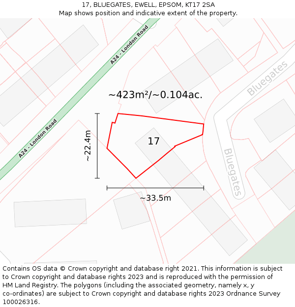 17, BLUEGATES, EWELL, EPSOM, KT17 2SA: Plot and title map