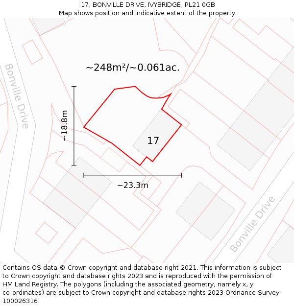 17, BONVILLE DRIVE, IVYBRIDGE, PL21 0GB: Plot and title map