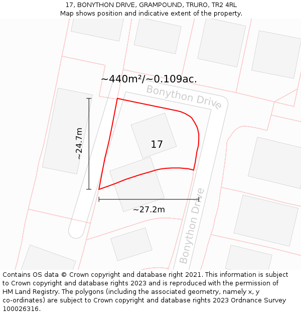 17, BONYTHON DRIVE, GRAMPOUND, TRURO, TR2 4RL: Plot and title map
