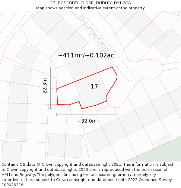 17, BOSCOBEL CLOSE, DUDLEY, DY1 2GA: Plot and title map