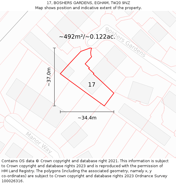17, BOSHERS GARDENS, EGHAM, TW20 9NZ: Plot and title map