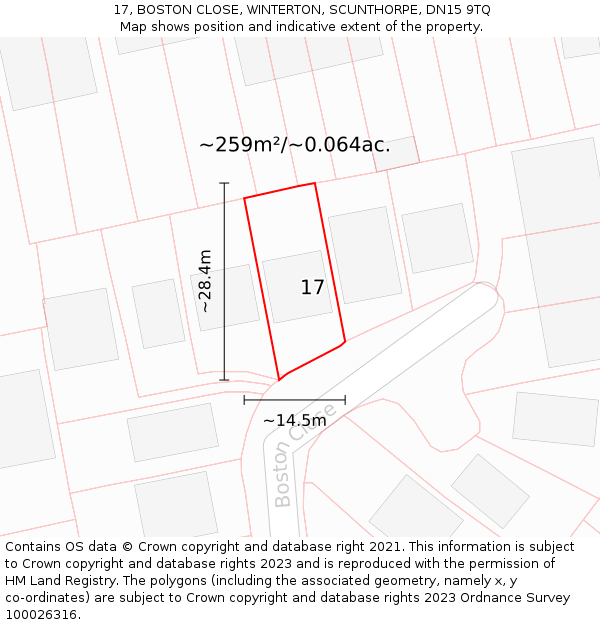17, BOSTON CLOSE, WINTERTON, SCUNTHORPE, DN15 9TQ: Plot and title map