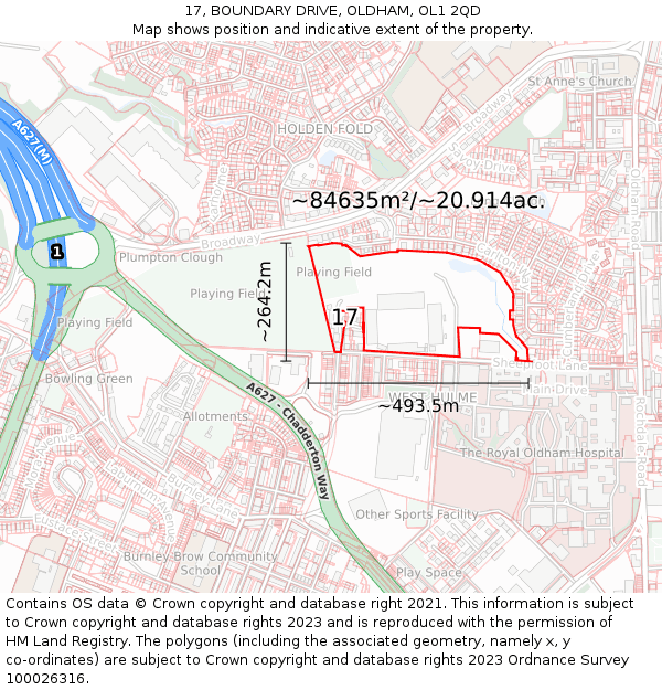 17, BOUNDARY DRIVE, OLDHAM, OL1 2QD: Plot and title map