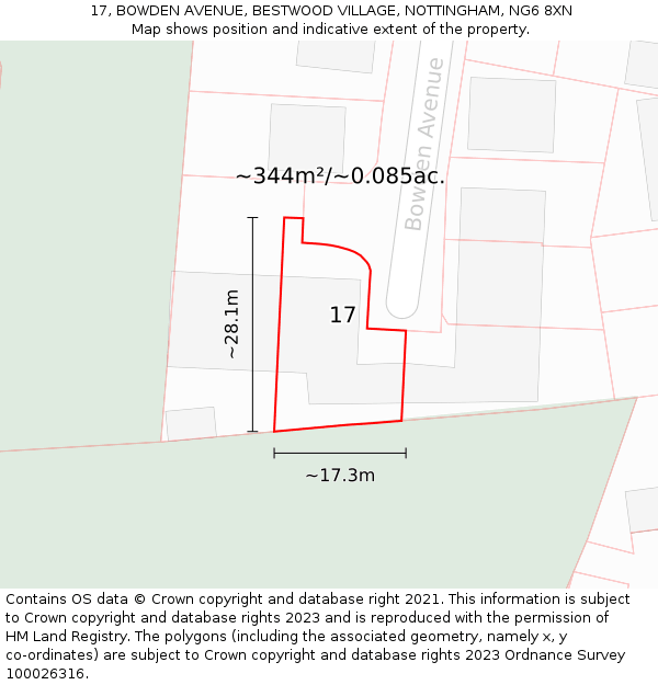 17, BOWDEN AVENUE, BESTWOOD VILLAGE, NOTTINGHAM, NG6 8XN: Plot and title map