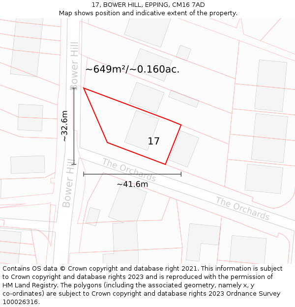 17, BOWER HILL, EPPING, CM16 7AD: Plot and title map