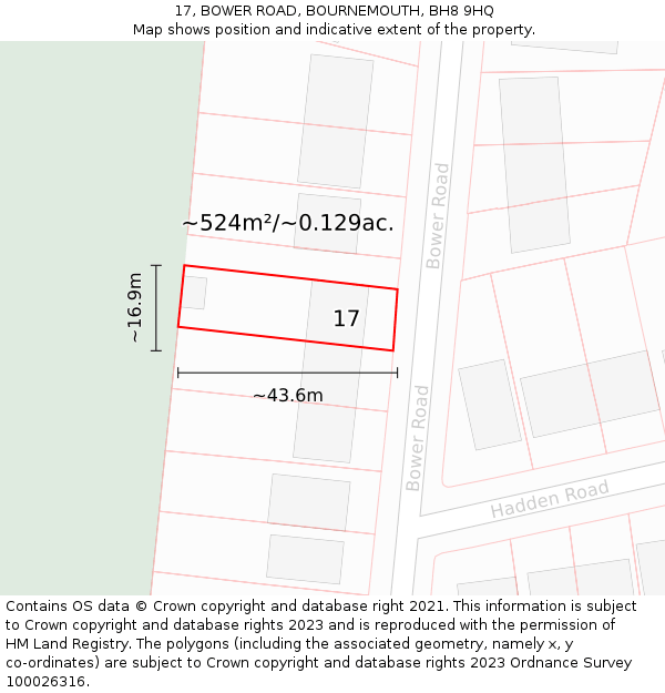 17, BOWER ROAD, BOURNEMOUTH, BH8 9HQ: Plot and title map