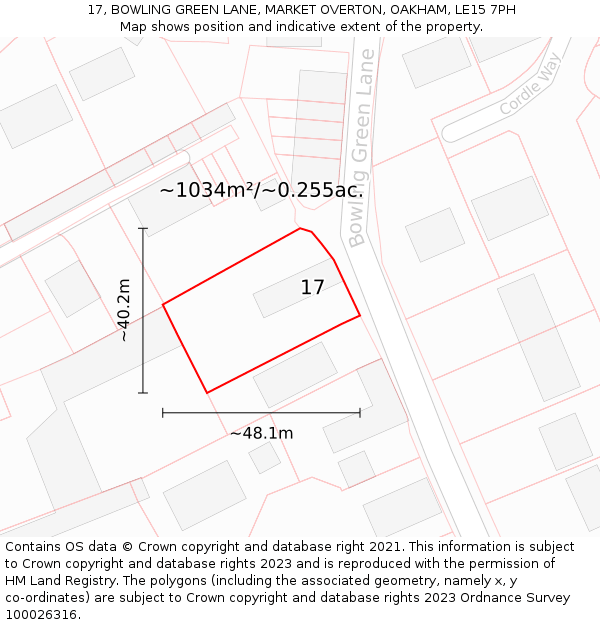 17, BOWLING GREEN LANE, MARKET OVERTON, OAKHAM, LE15 7PH: Plot and title map